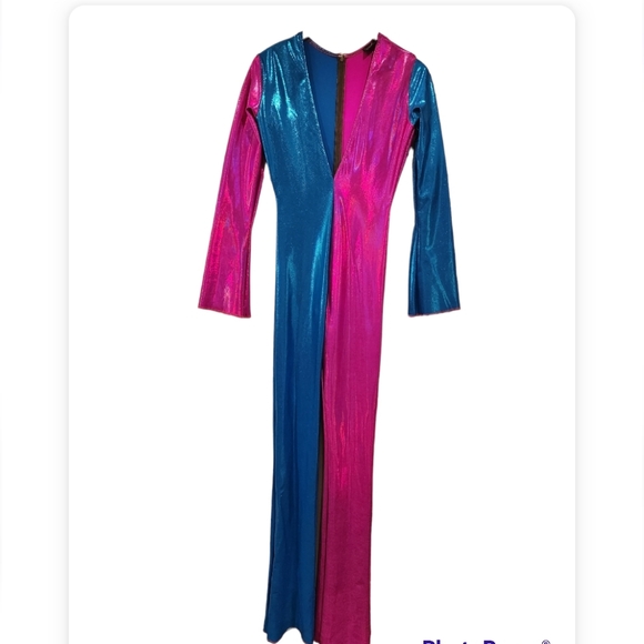 Super hot pink Metallic blue v neck fitted Jumpsuit.M8 costom made. - Picture 7 of 7